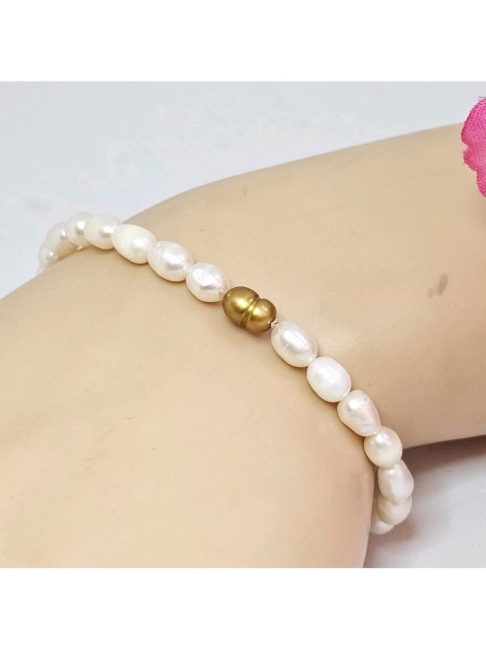 White Baroque Pearl Stretch Bracelet Oval Gemstone Stackable Bead Jewelry
